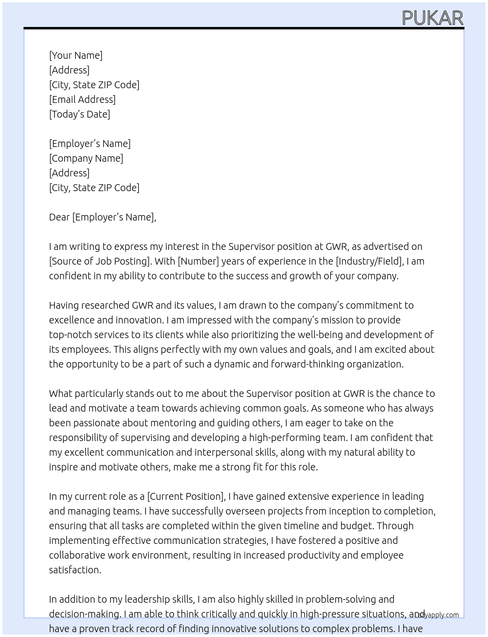 Supervisor At GWR Cover Letter