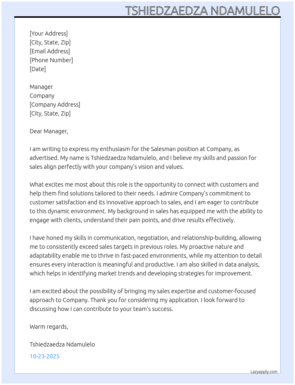 sales man At company Cover Letter