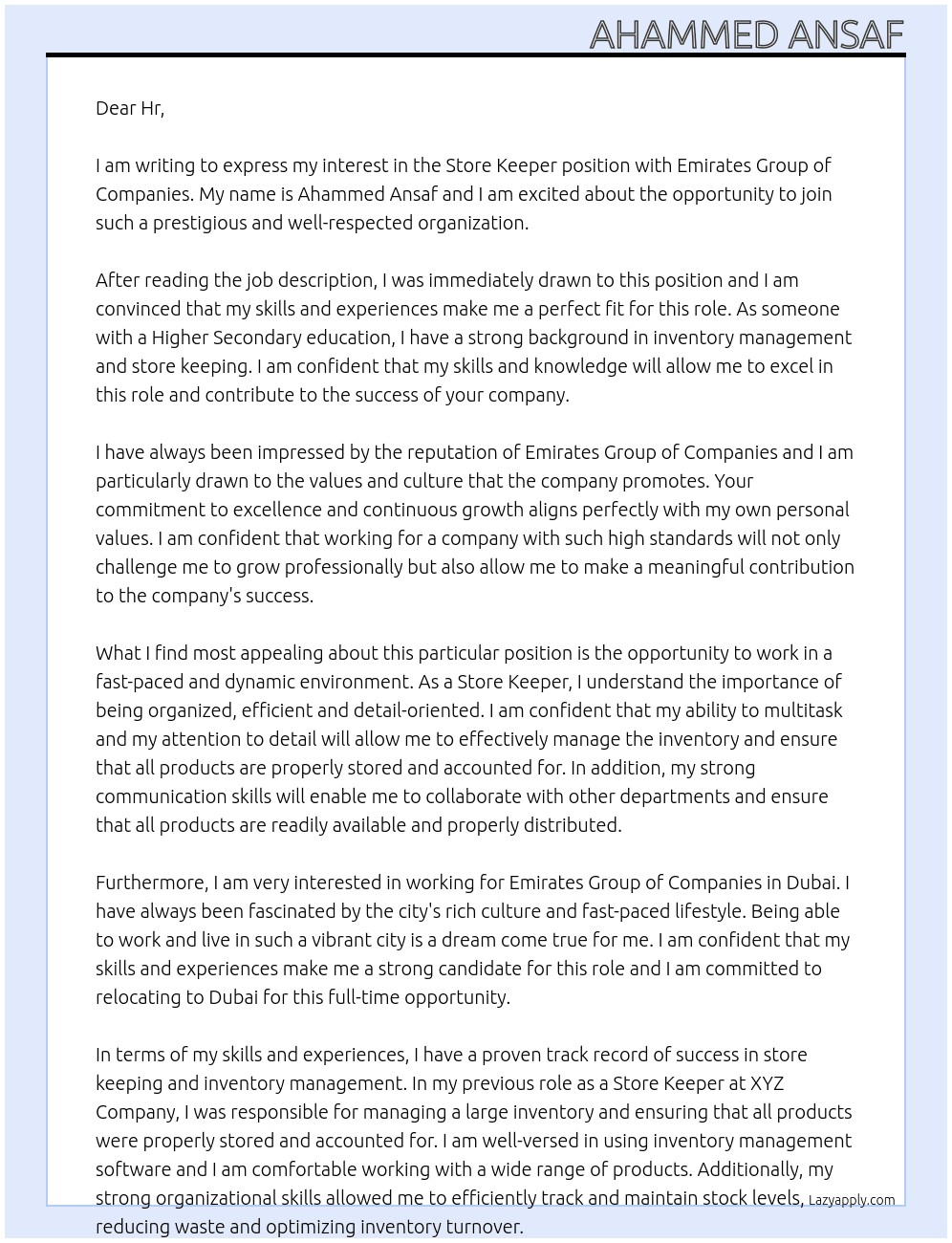 Store keeper At Emirates group of companies Cover Letter