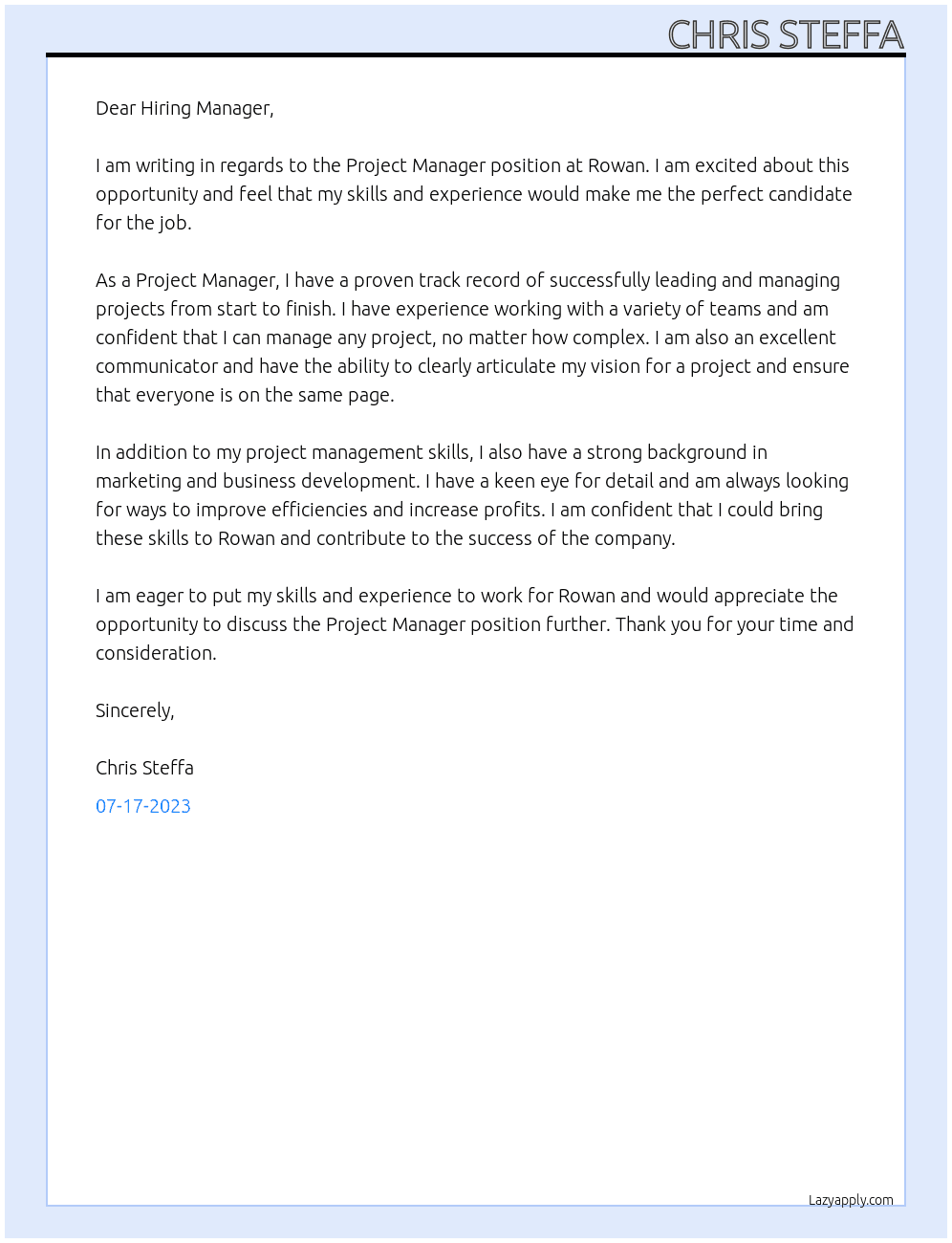 Project Manager At Rowan Cover Letter