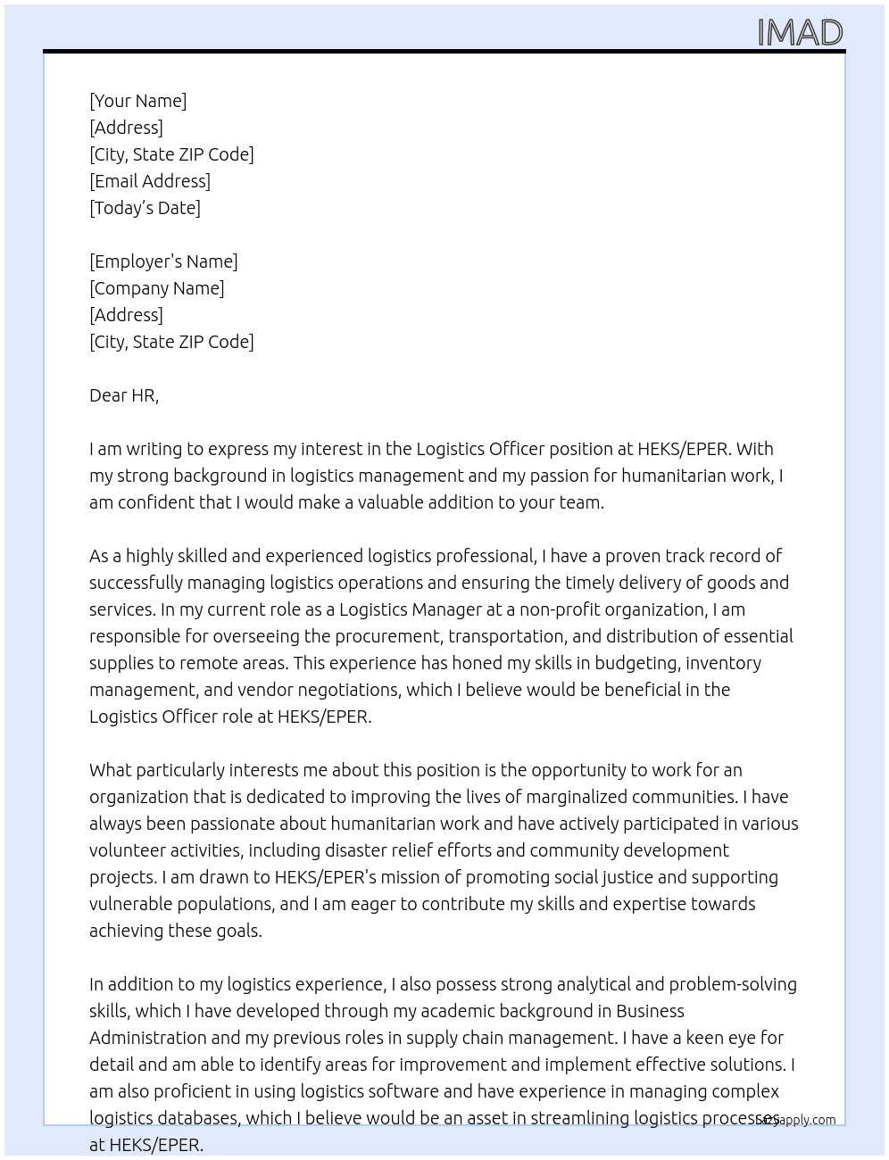 Logistics Officer At HEKS/EPER Cover Letter