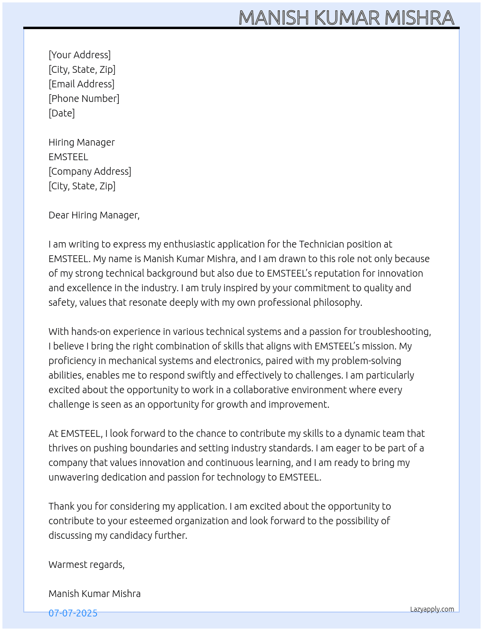 Technician  At EMSTEEL Cover Letter