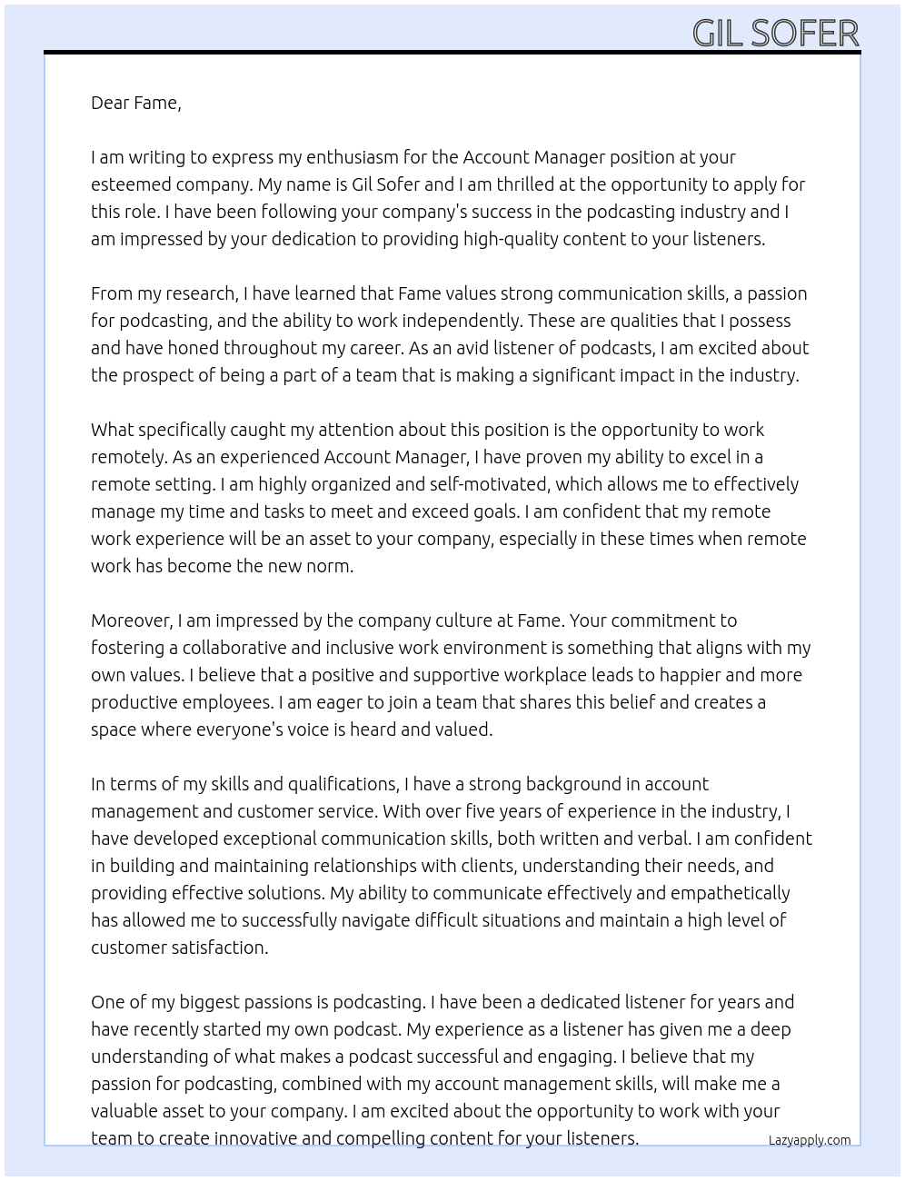 Account Manager At Fame Cover Letter