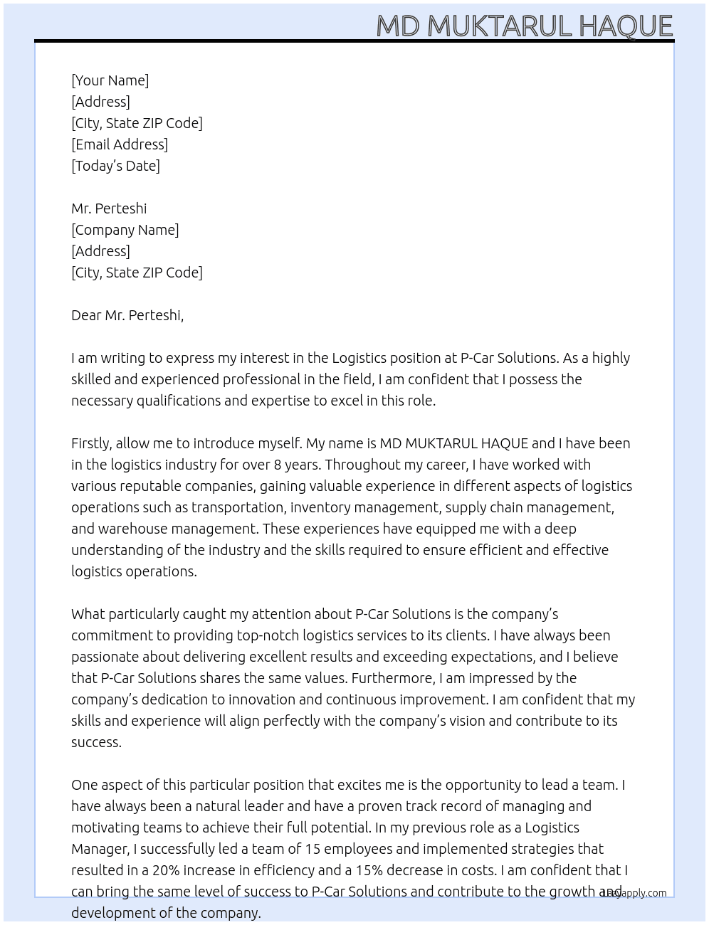 logistics At P-Car Solutions Cover Letter