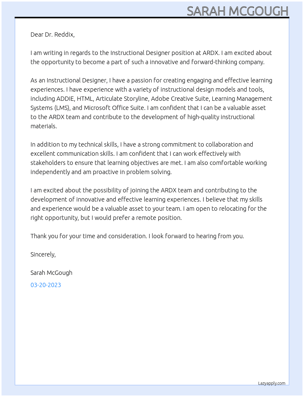 Instructional Designer  At ARDX Cover Letter