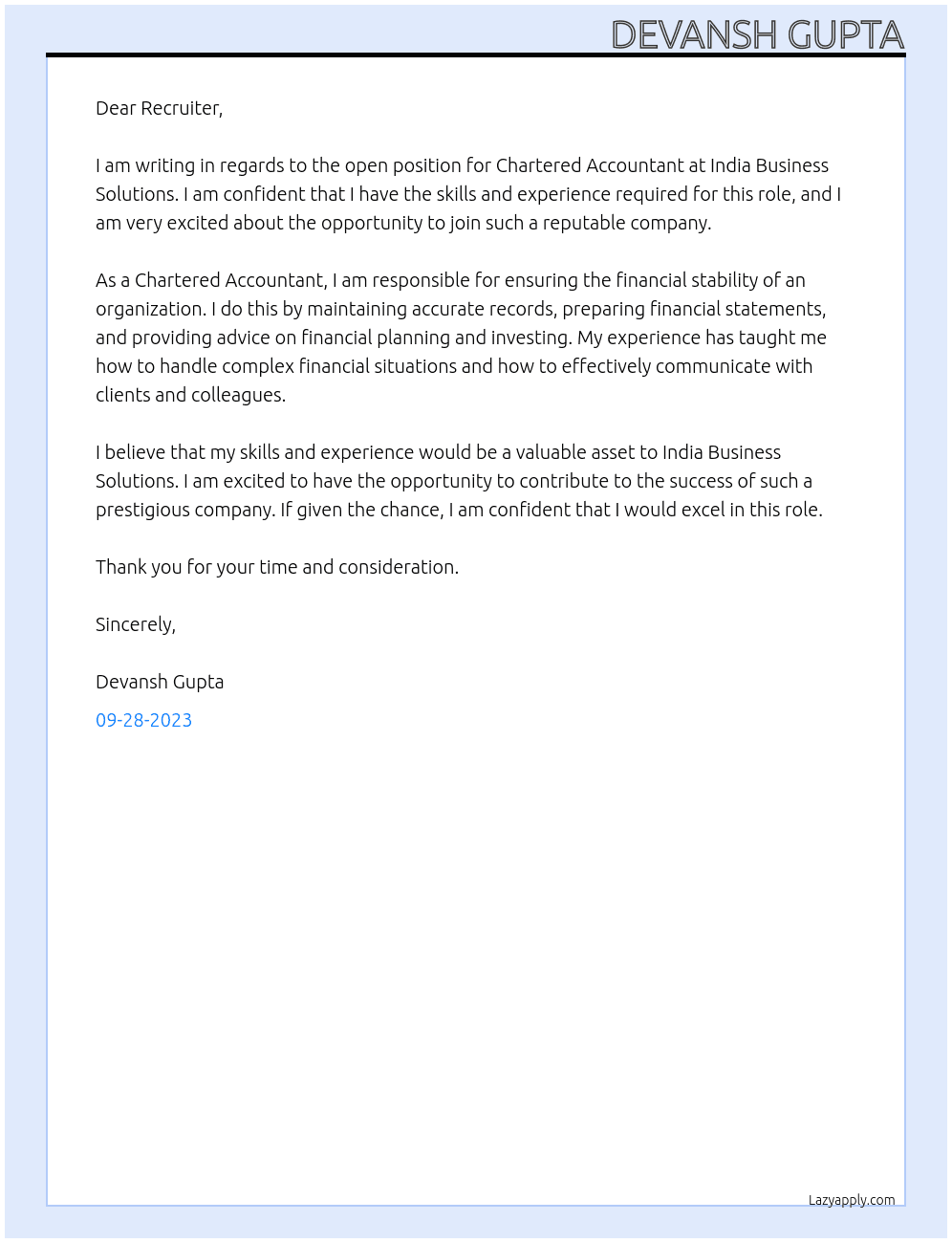 Chartered Accountant At India Business Solutions Cover Letter