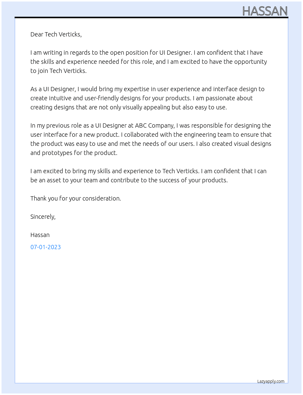Ui Designer At Tech verticks Cover Letter