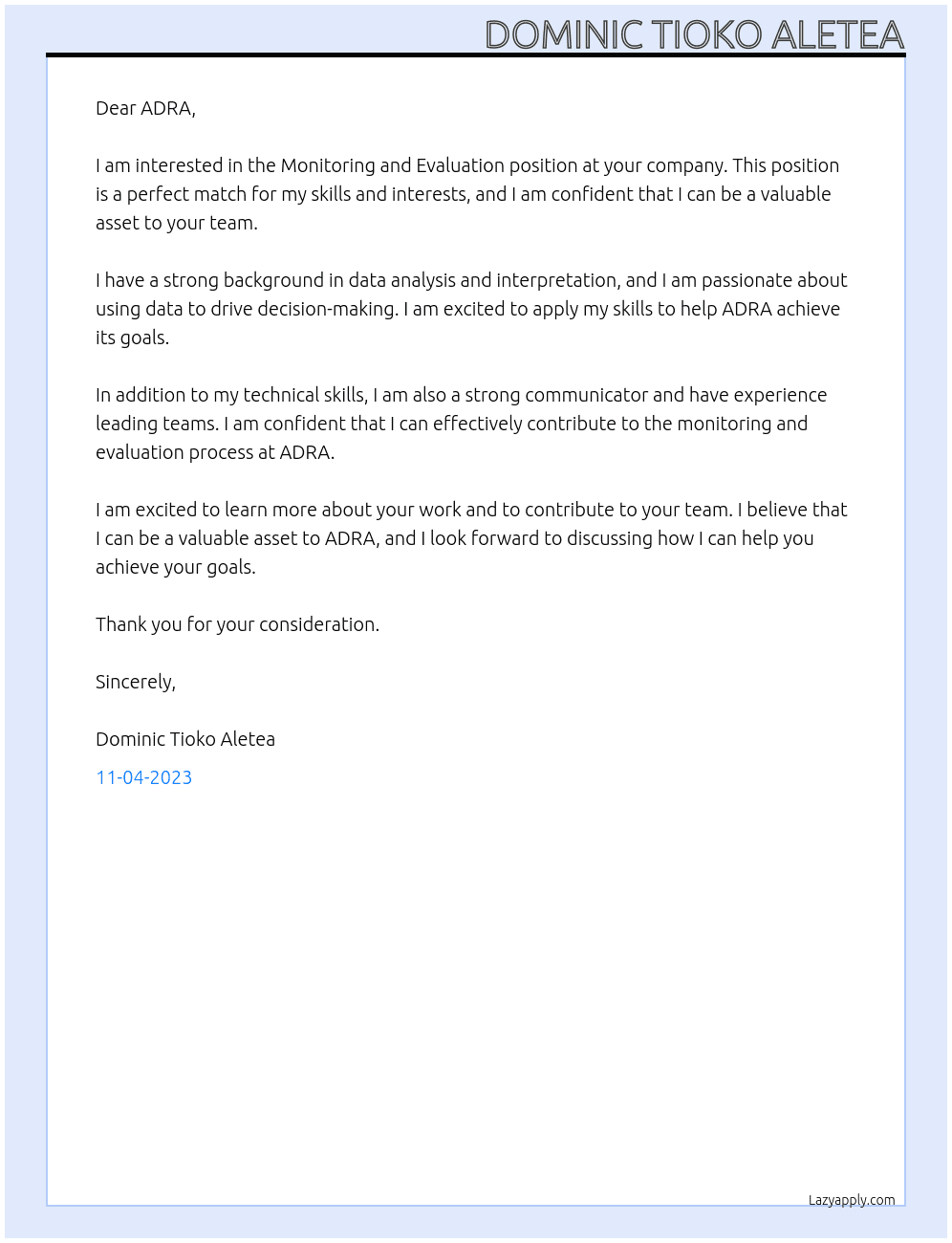MONITORING AND EVALUATION At ADRA Cover Letter
