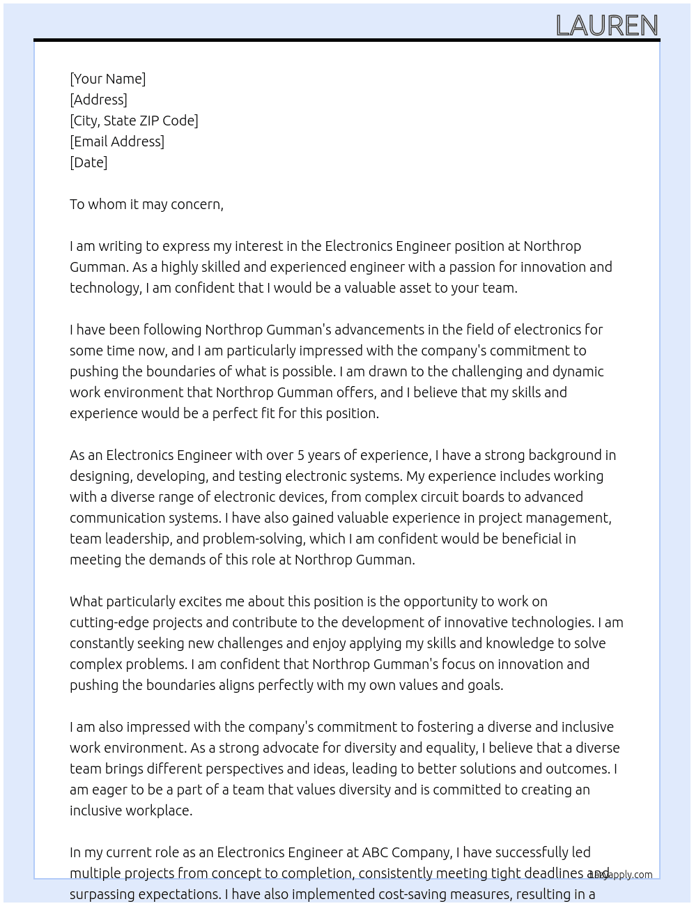 Electronics Engineer At Northrop Gumman Cover Letter