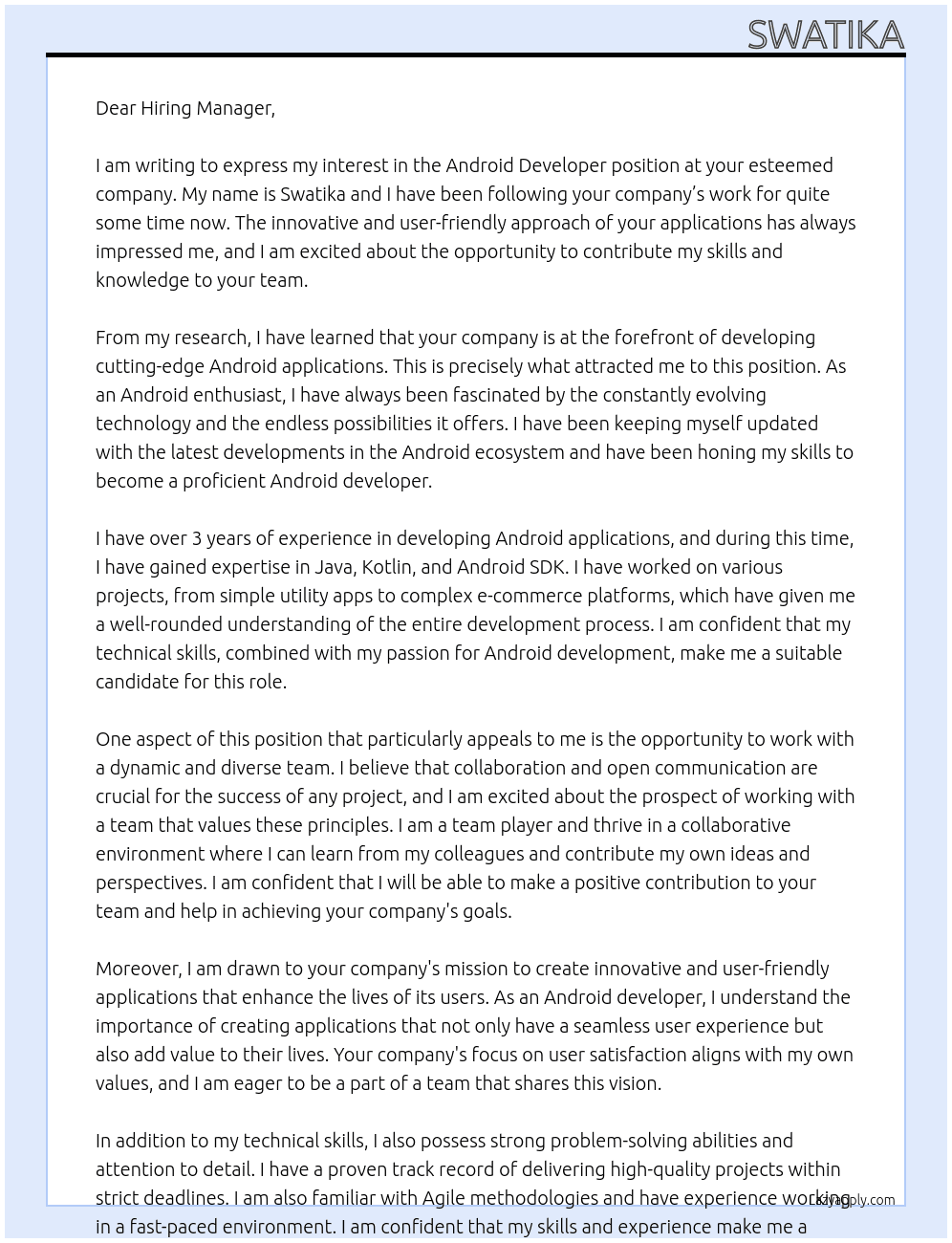 Android developer At no Cover Letter