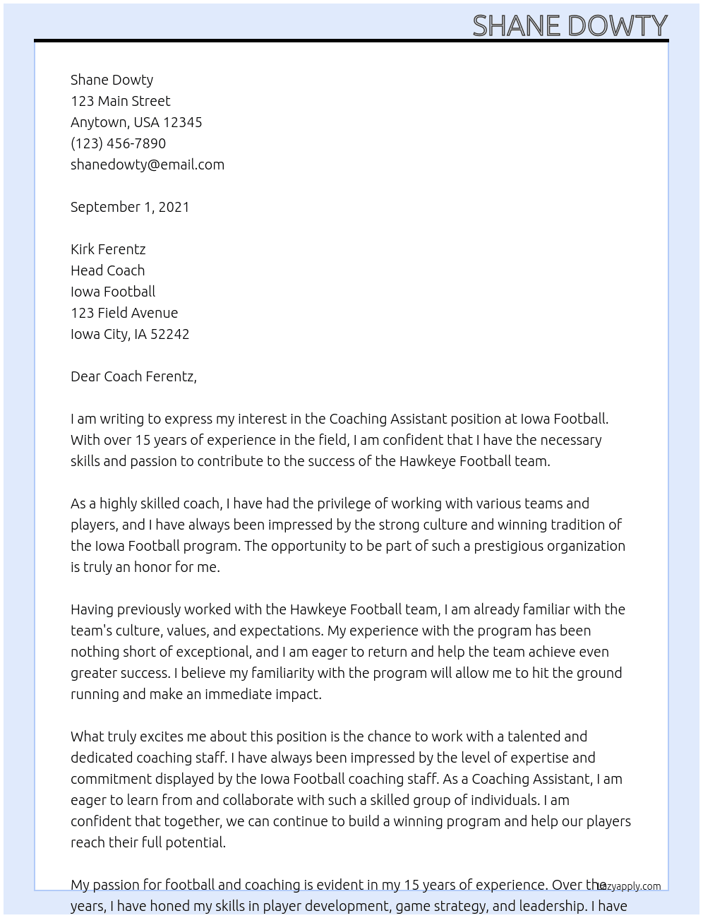 Coaching Assistant At Iowa Football Cover Letter