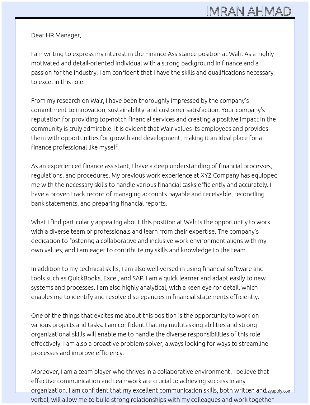 Finance Assistance At Walr.  Cover Letter