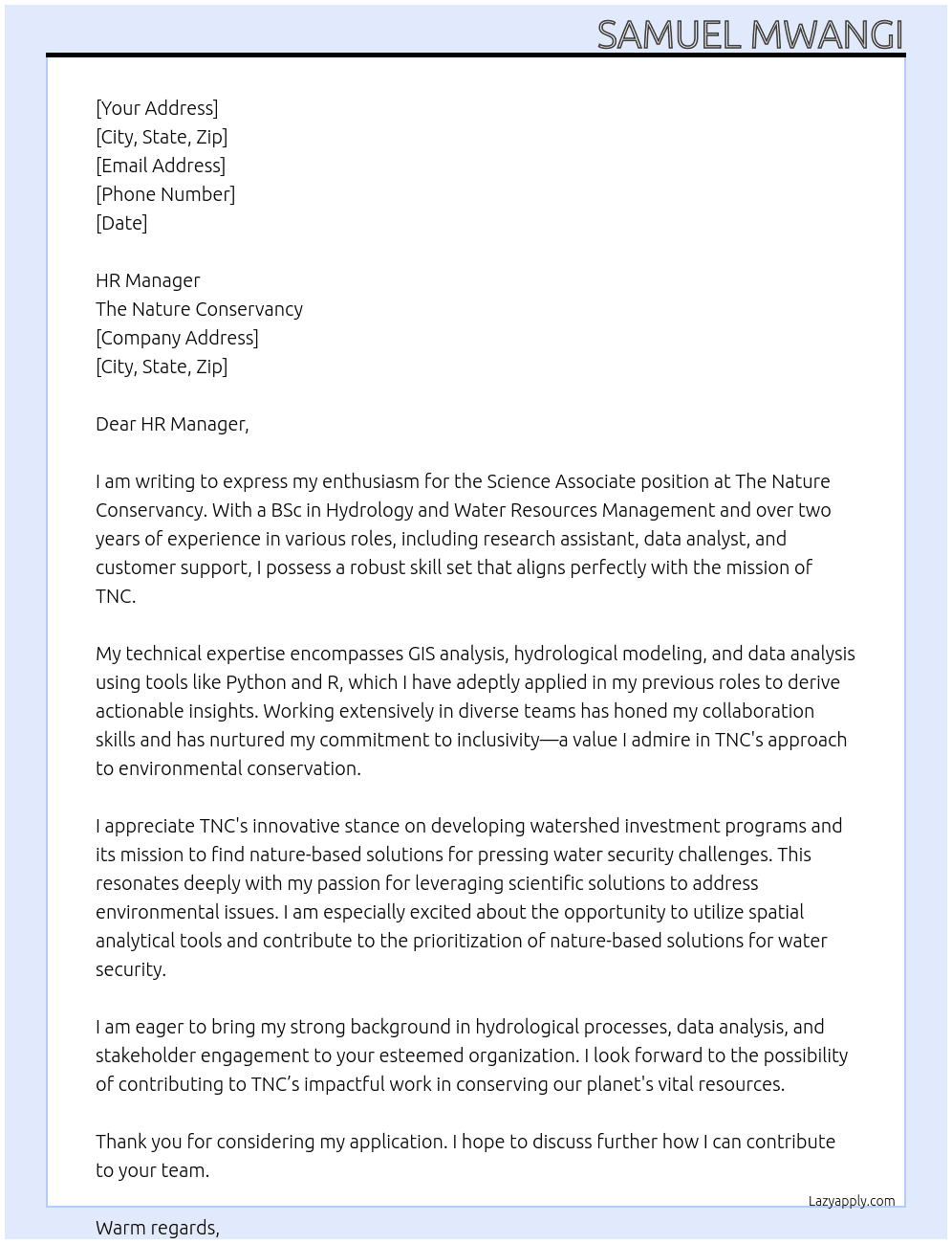 Science Associate At The Nature Conservancy  Cover Letter