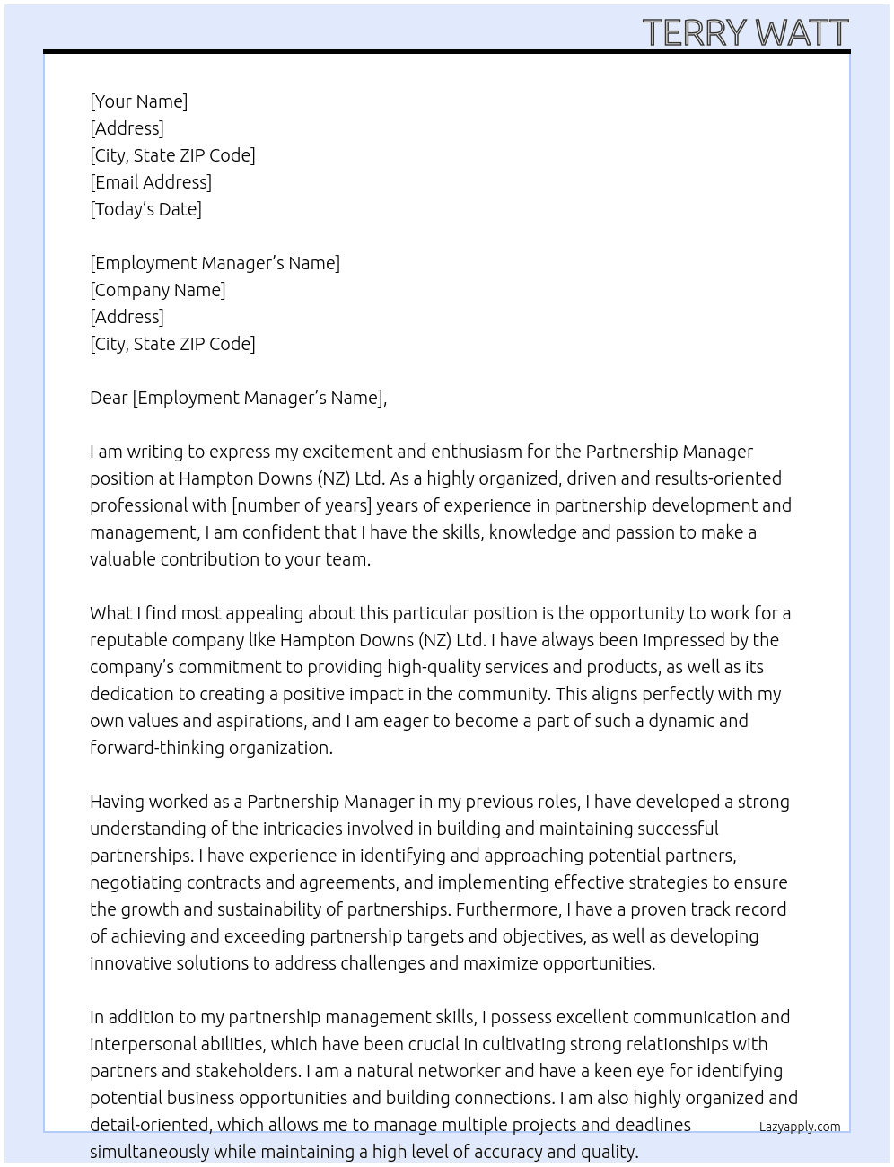 Cover letter for partnership manager - LazyApply