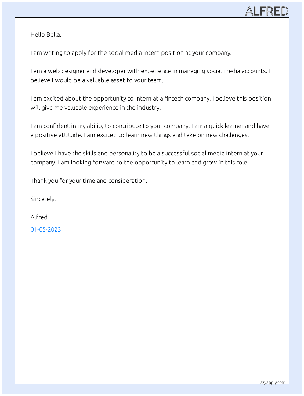 Social media intern  At Fintech company  Cover Letter