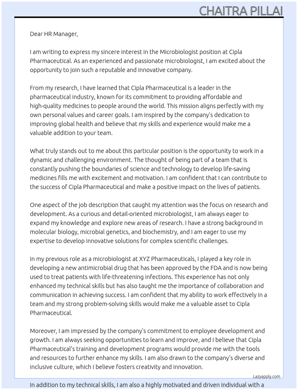 Microbiologist At Cipla Pharmaceutical Cover Letter