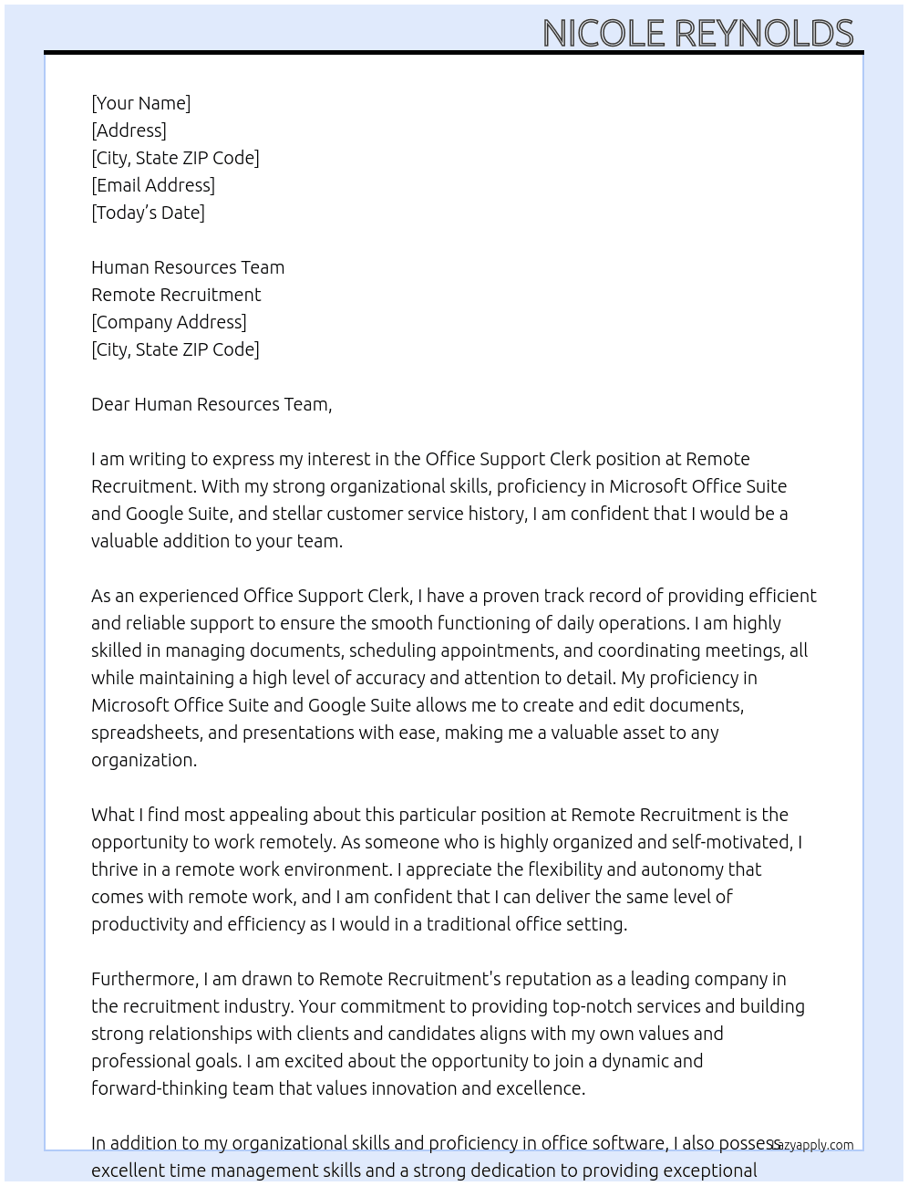 Cover letter for office support clerk - LazyApply