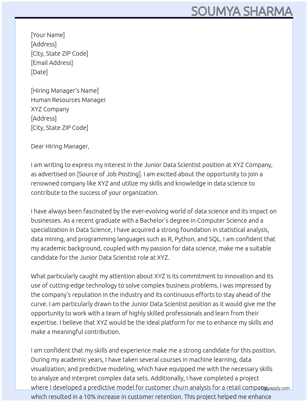  junior data scientist At XYZ Cover Letter