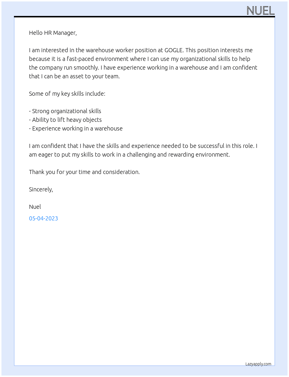 WAREHOUSE WORKER At GOGLE Cover Letter