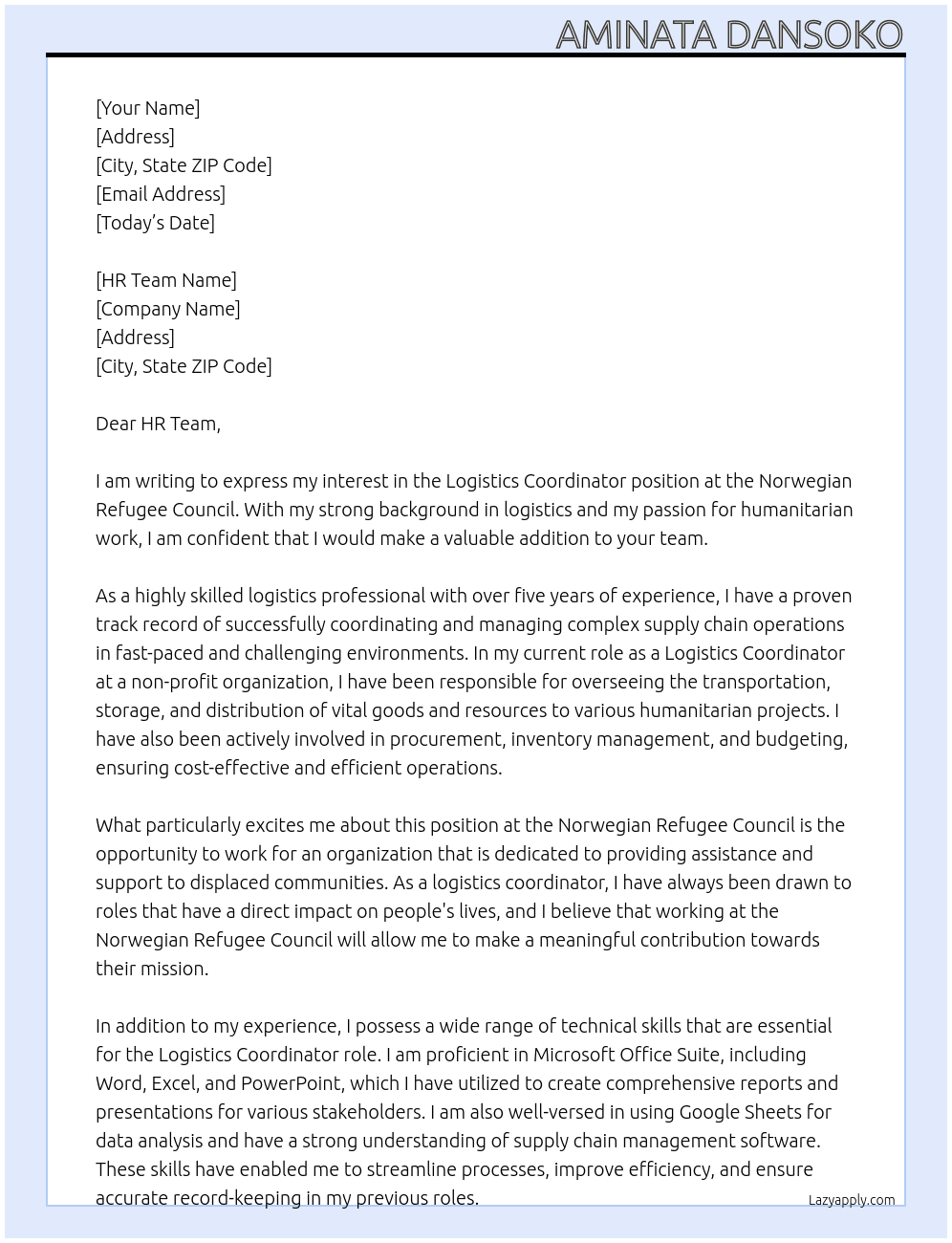 Logistics coordinator At the Norwegian Refugee Council Cover Letter