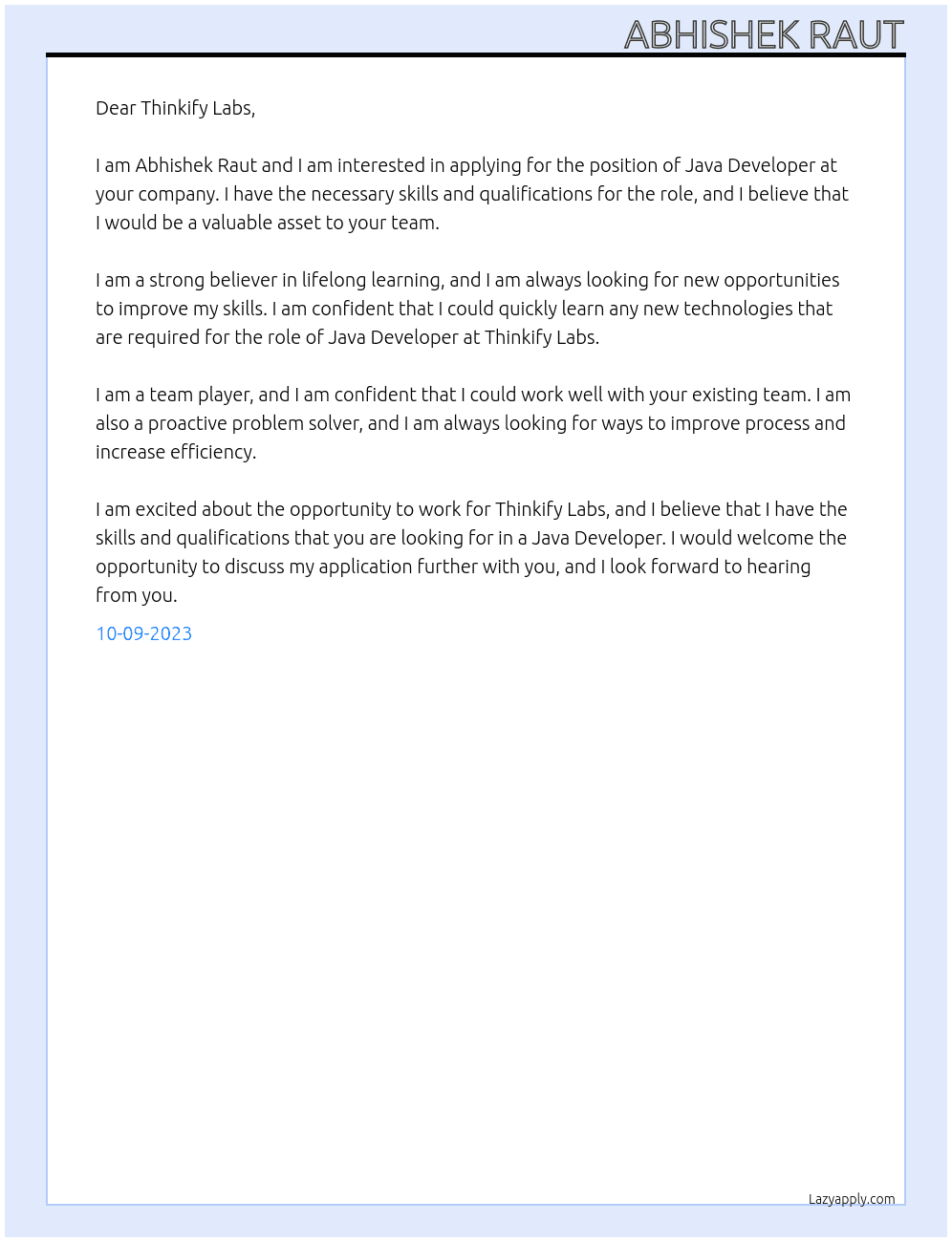 Java Developer At Thinkify Labs Cover Letter