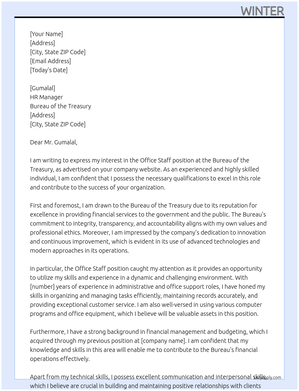 office staff At bureau of the treasury Cover Letter