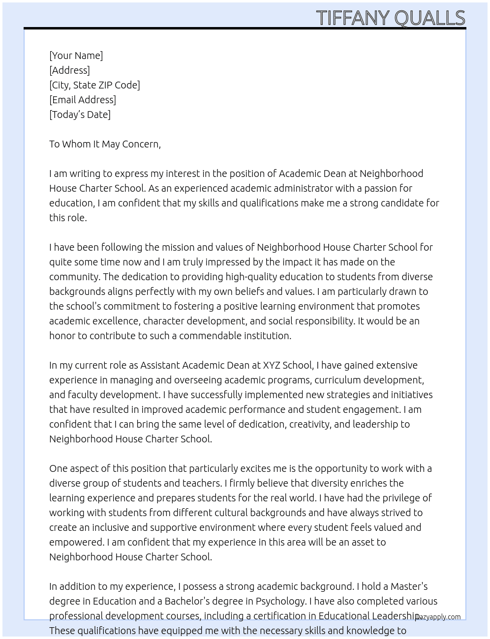 Academic Dean At Neighborhood House Charter School Cover Letter