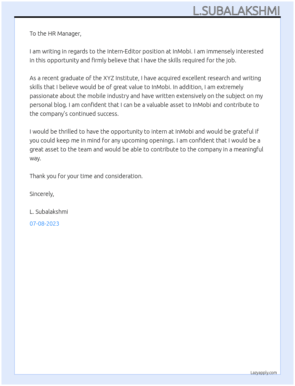 Intern-Editor At InMobi Cover Letter