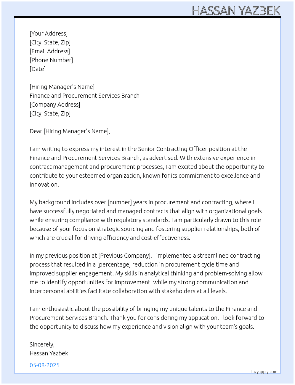 Senior Contracting Officer At Finance and Procurement Services Branch  Cover Letter