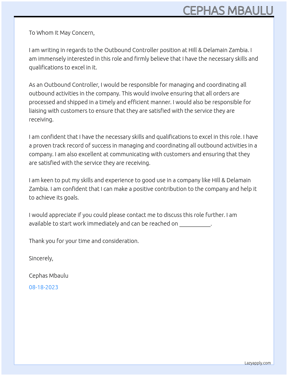 outbound controller At Hill & Delamain Zambia Cover Letter