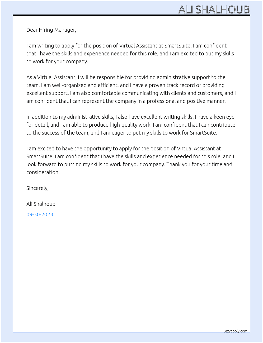 Virtual Assistant At SmartSuite Cover Letter