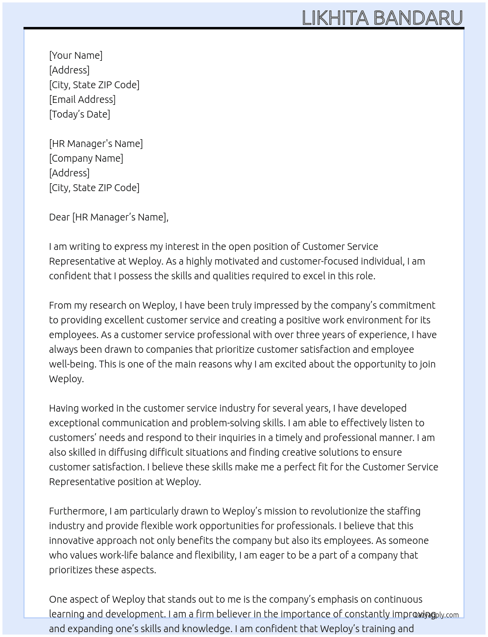 Customer service representative  At Weploy Cover Letter