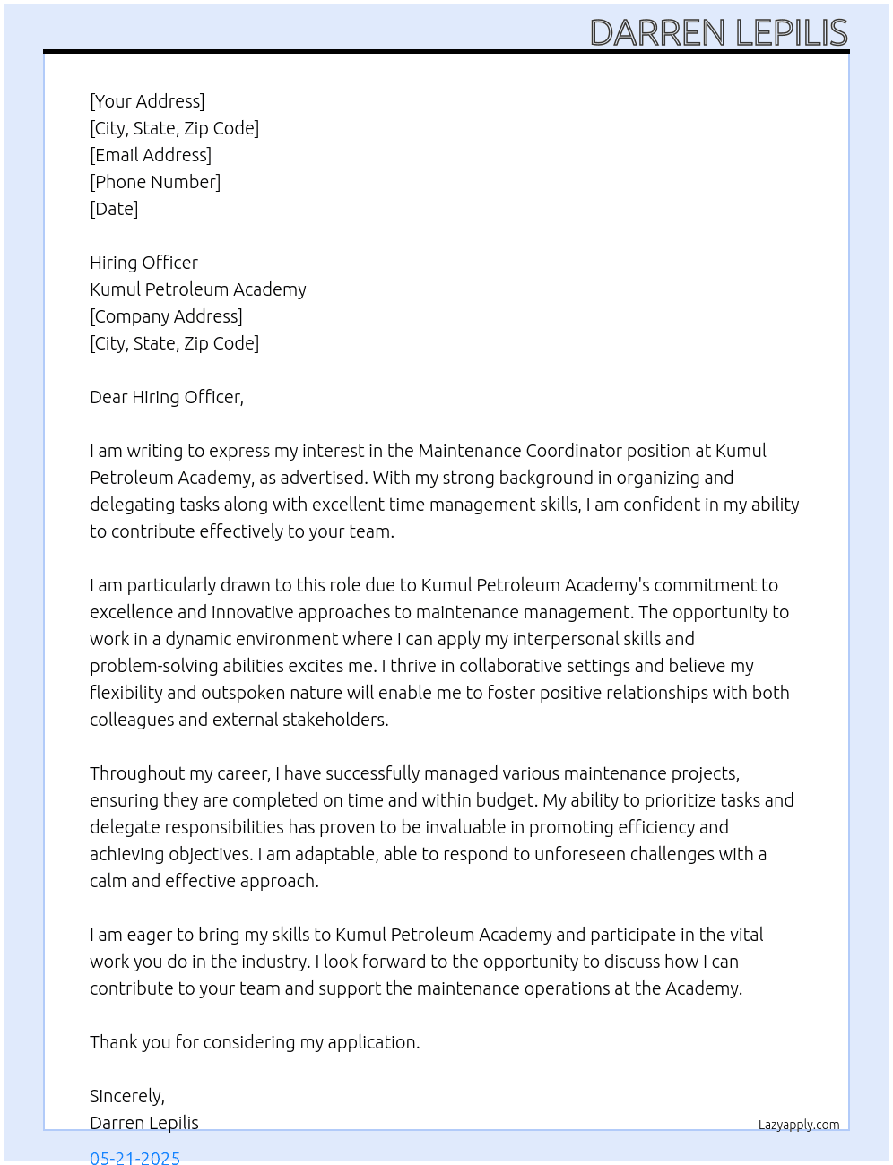 Cover letter for maintenance cordinator - LazyApply