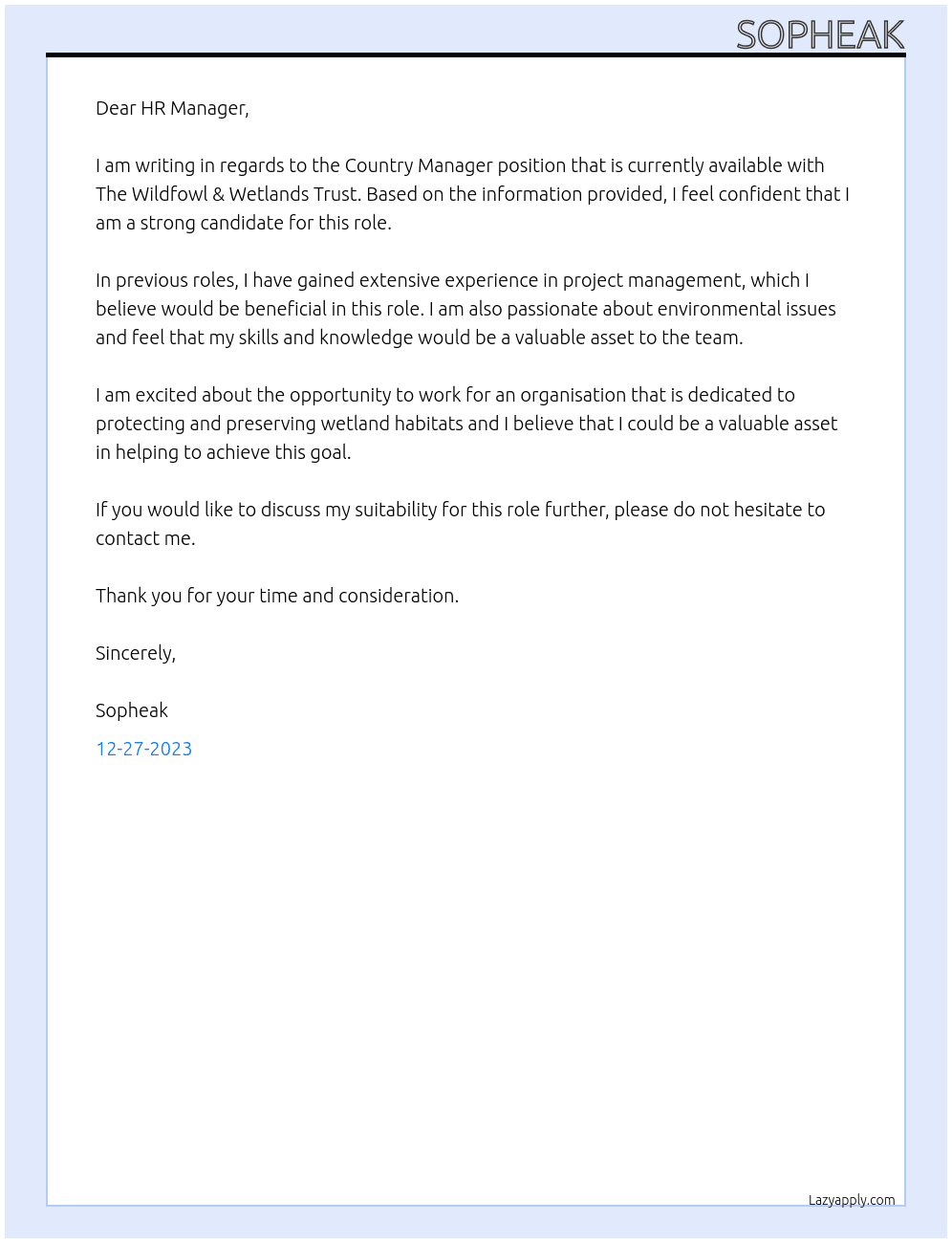 Country Manager At The Wildfowl & Wetlands Trust Cover Letter
