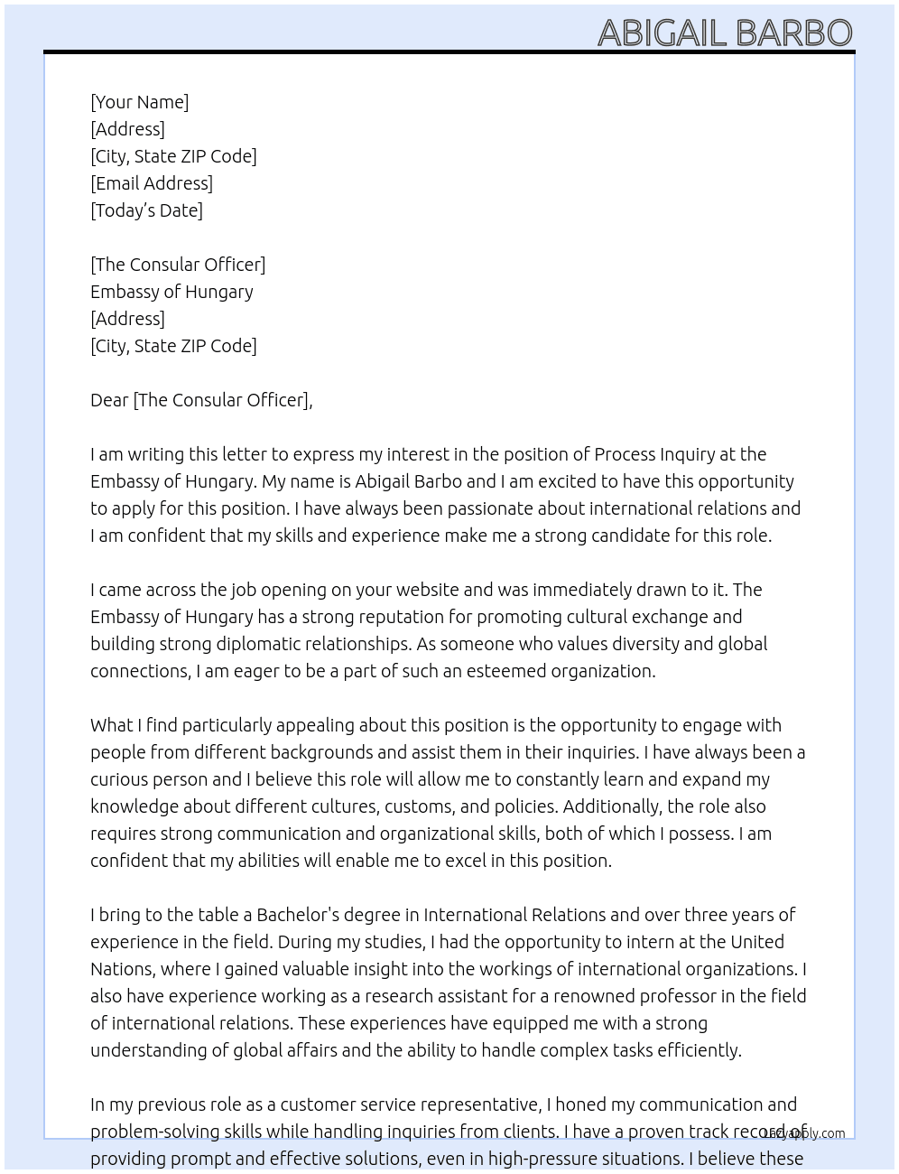 process inquiry At Embassy of Hungary Cover Letter