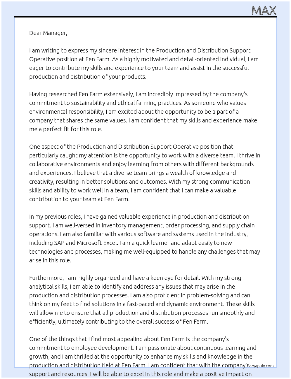 Production and Distribution Support operative At Fen Farm Cover Letter