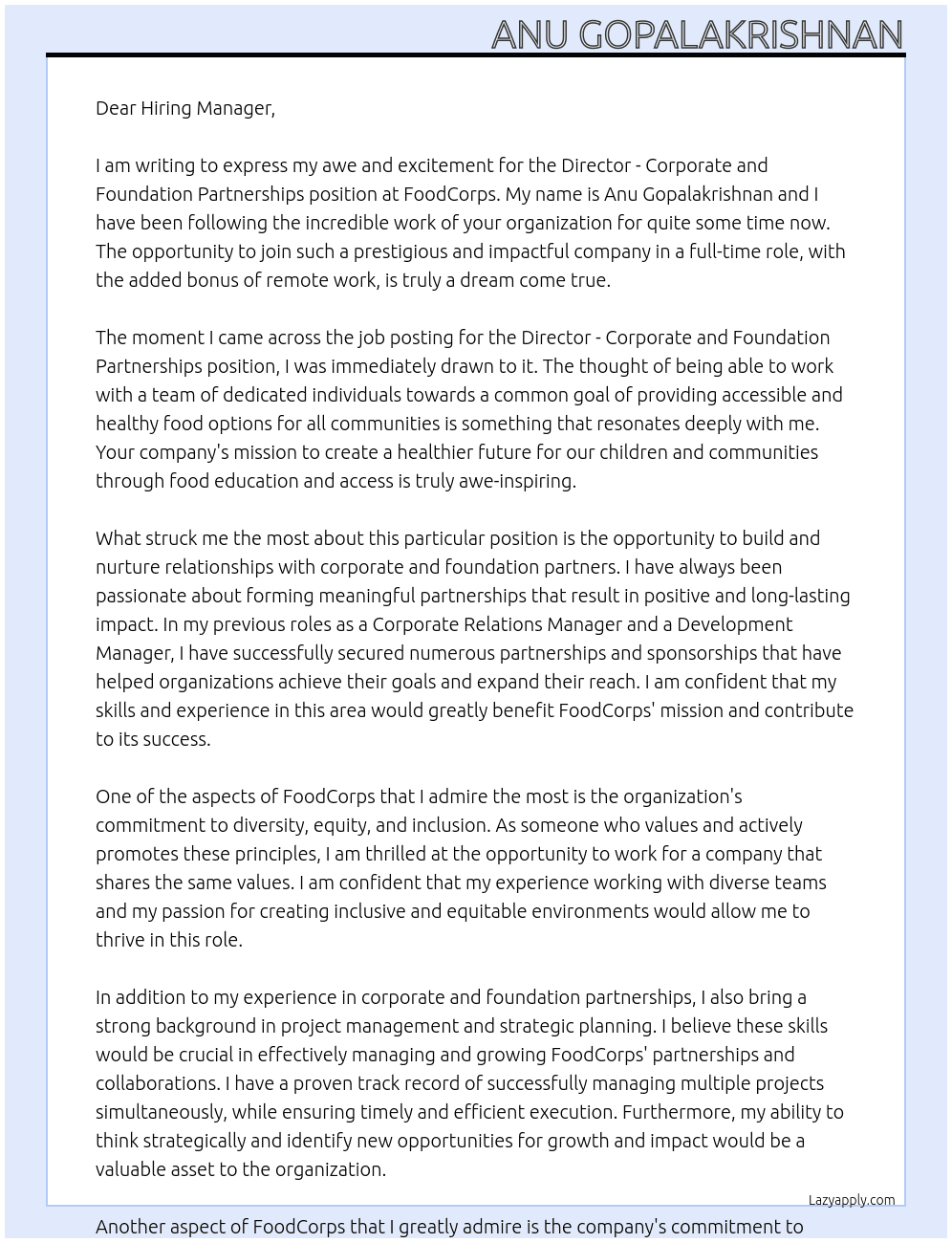 Cover letter for director - corporate and foundation partnerships - LazyApply