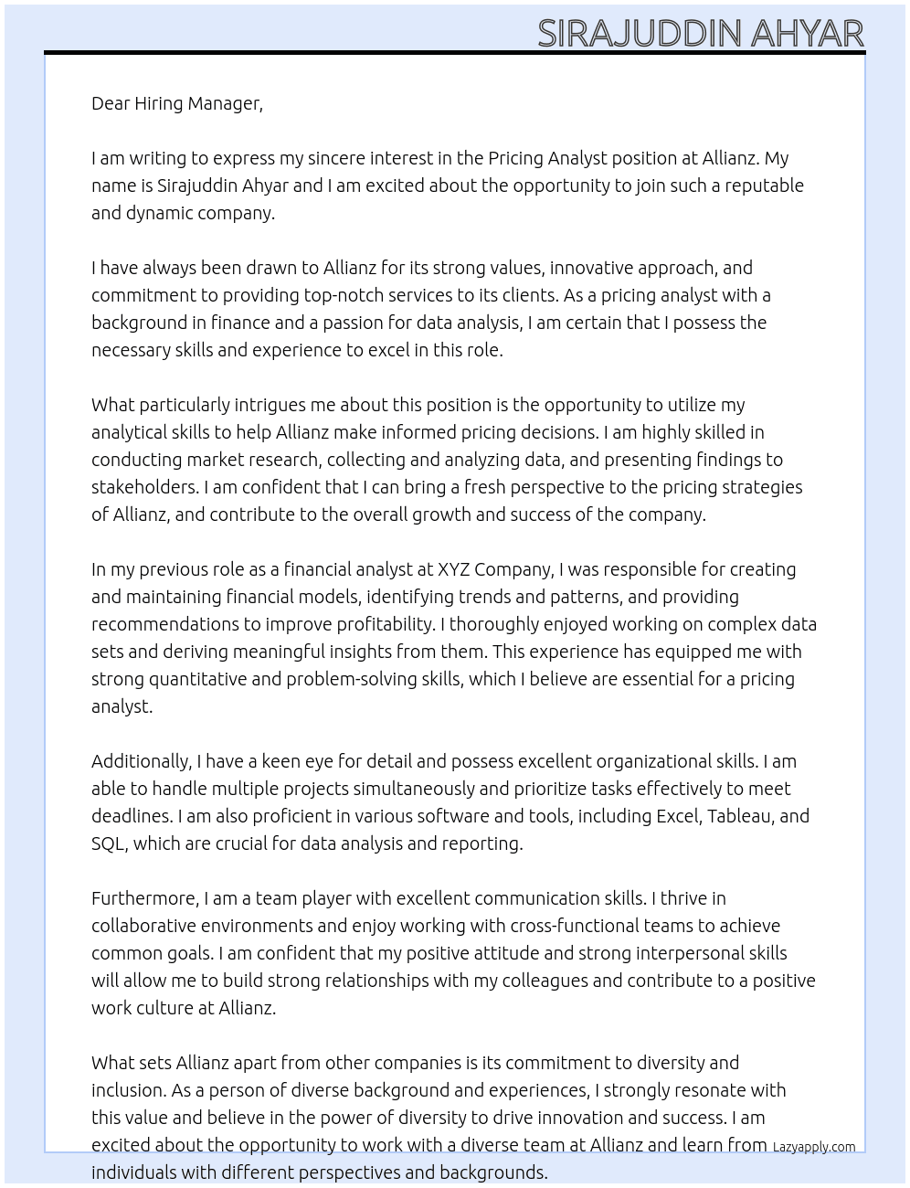 pricing analyst At Allianz Cover Letter