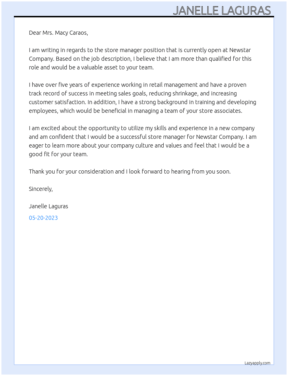 Store manager  At Newstar Company  Cover Letter