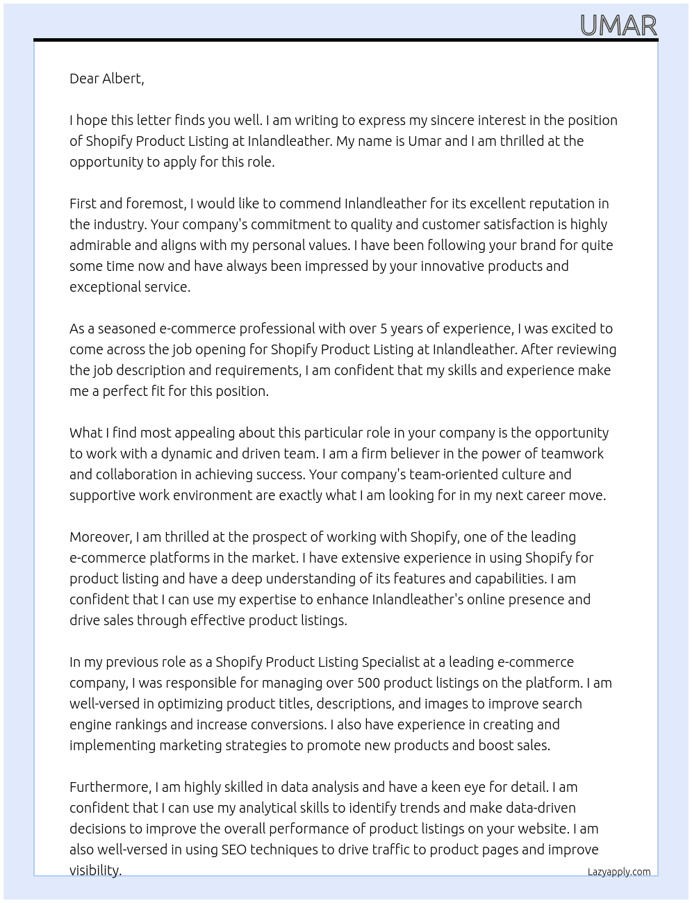 shopify product listing  At Inlandleather  Cover Letter