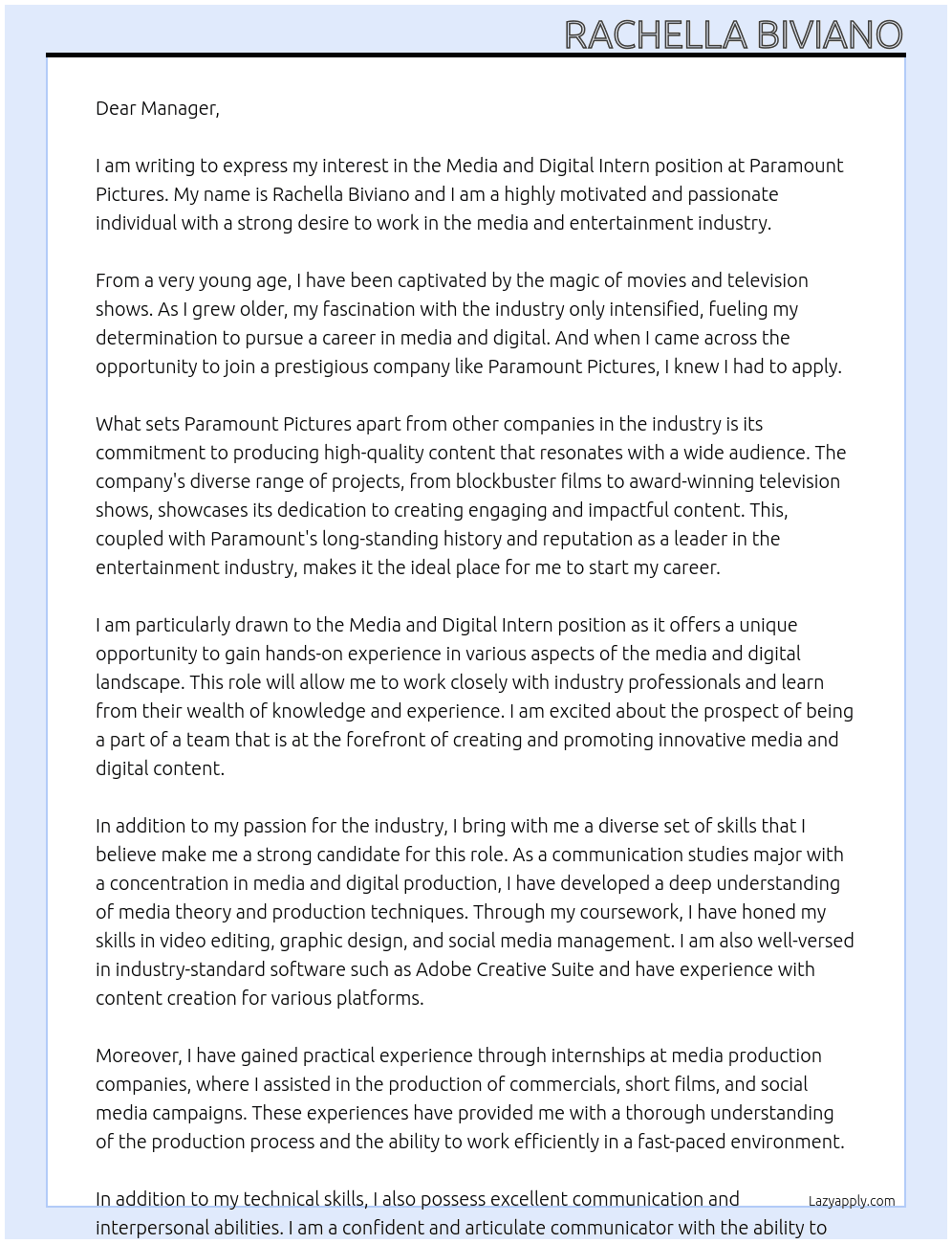 Media and Digital Intern  At Paramount Pictures  Cover Letter
