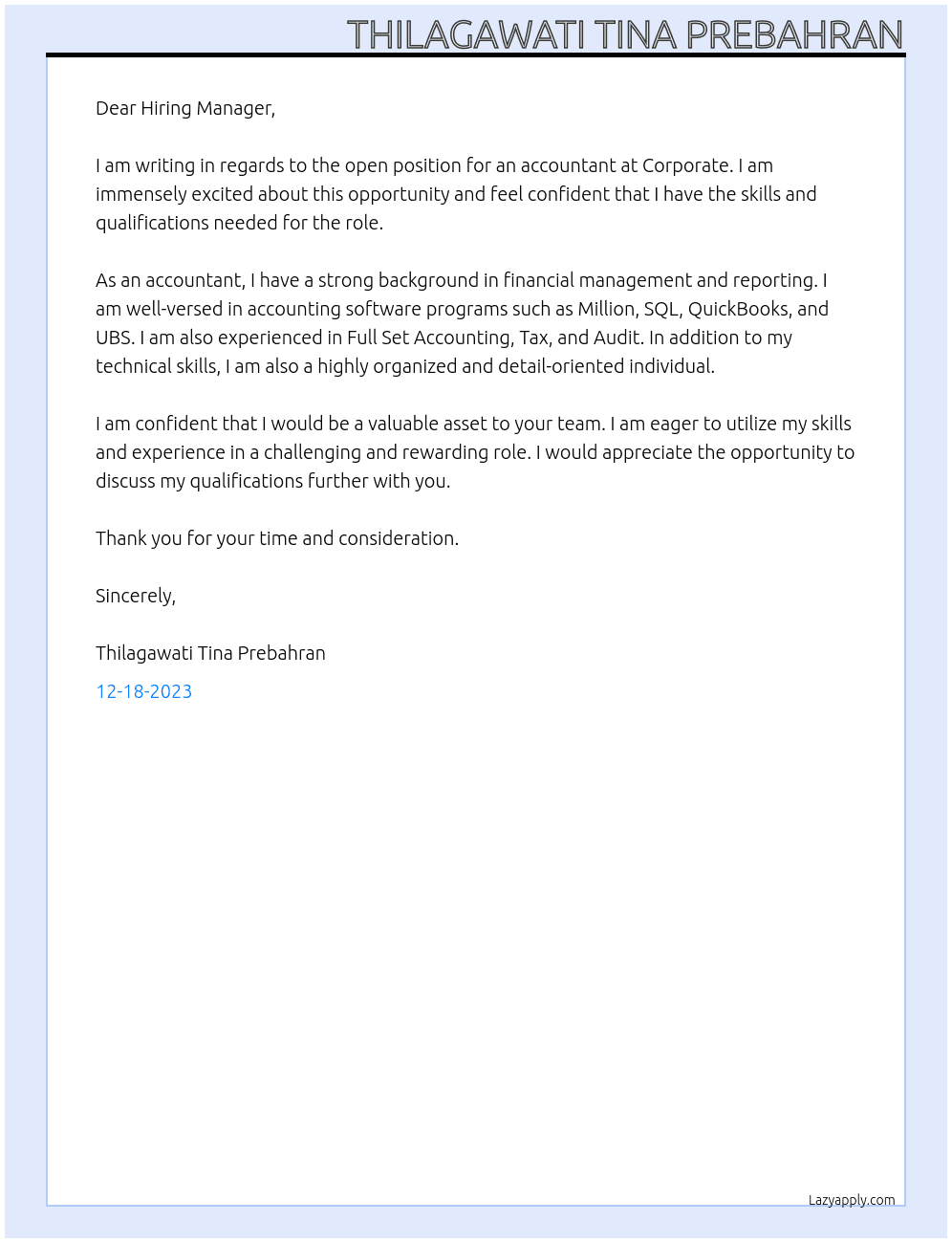 Accountant  At Corporate  Cover Letter