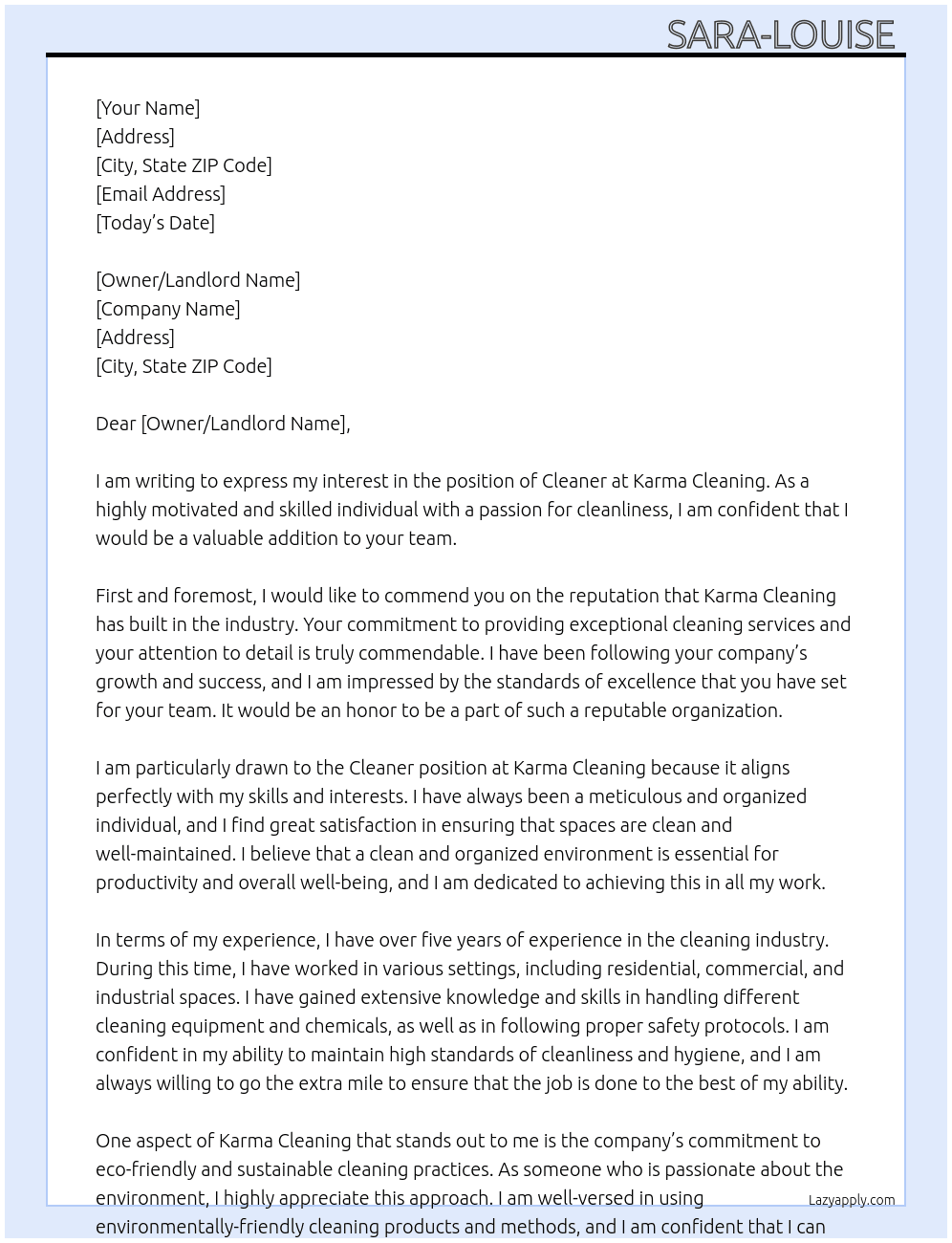 Cleaner  At Karma Cleaning  Cover Letter