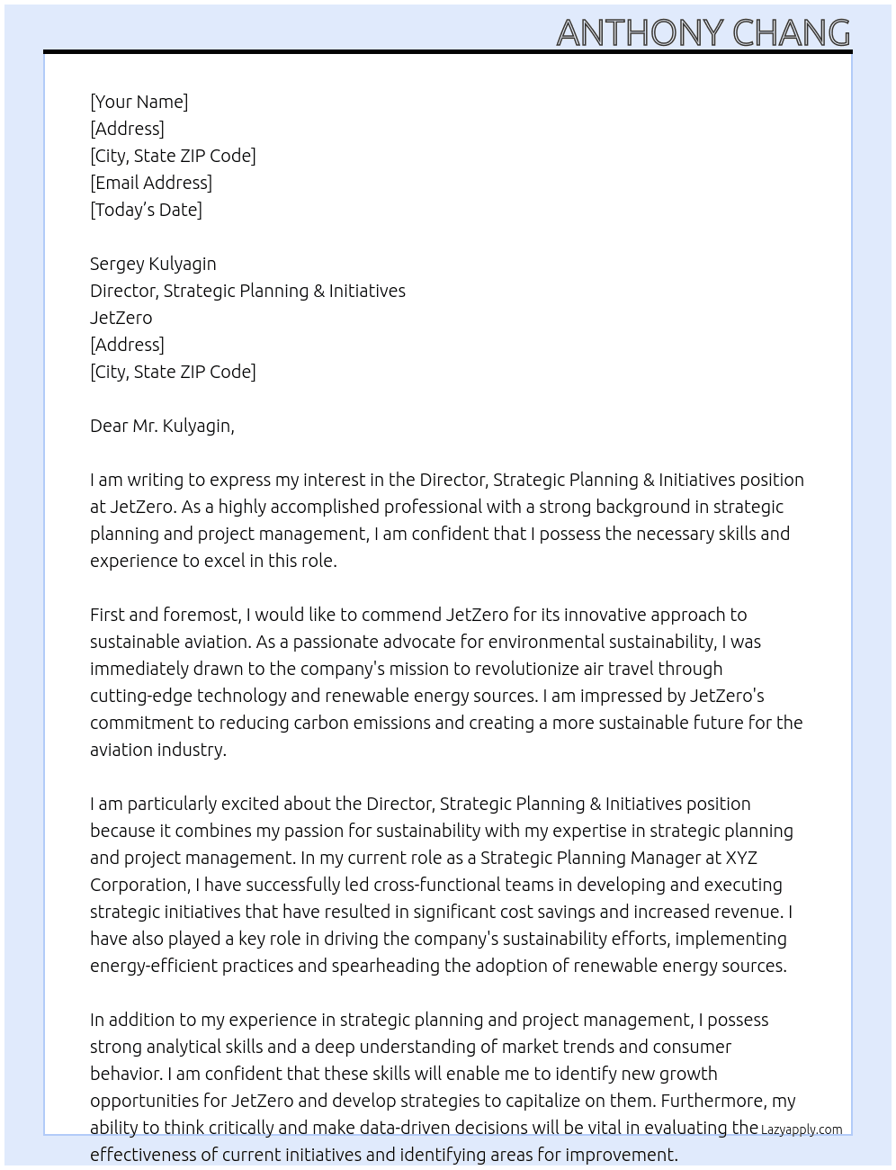 Director, Strategic Planning & Initiatives At JetZero Cover Letter