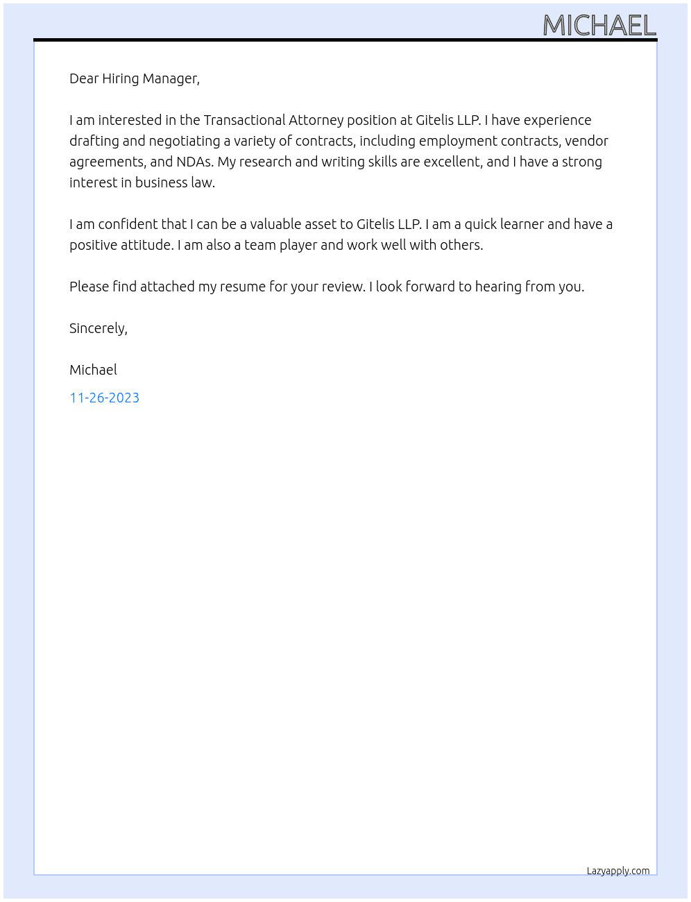 Transactional Attorney At Gitelis LLP Cover Letter