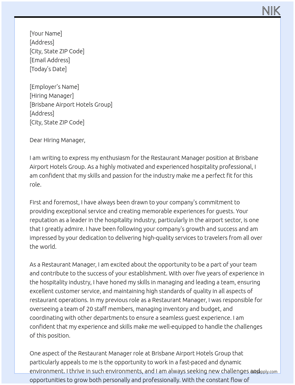 Restaurant Manager  At Brisbane Airport Hotels Group  Cover Letter