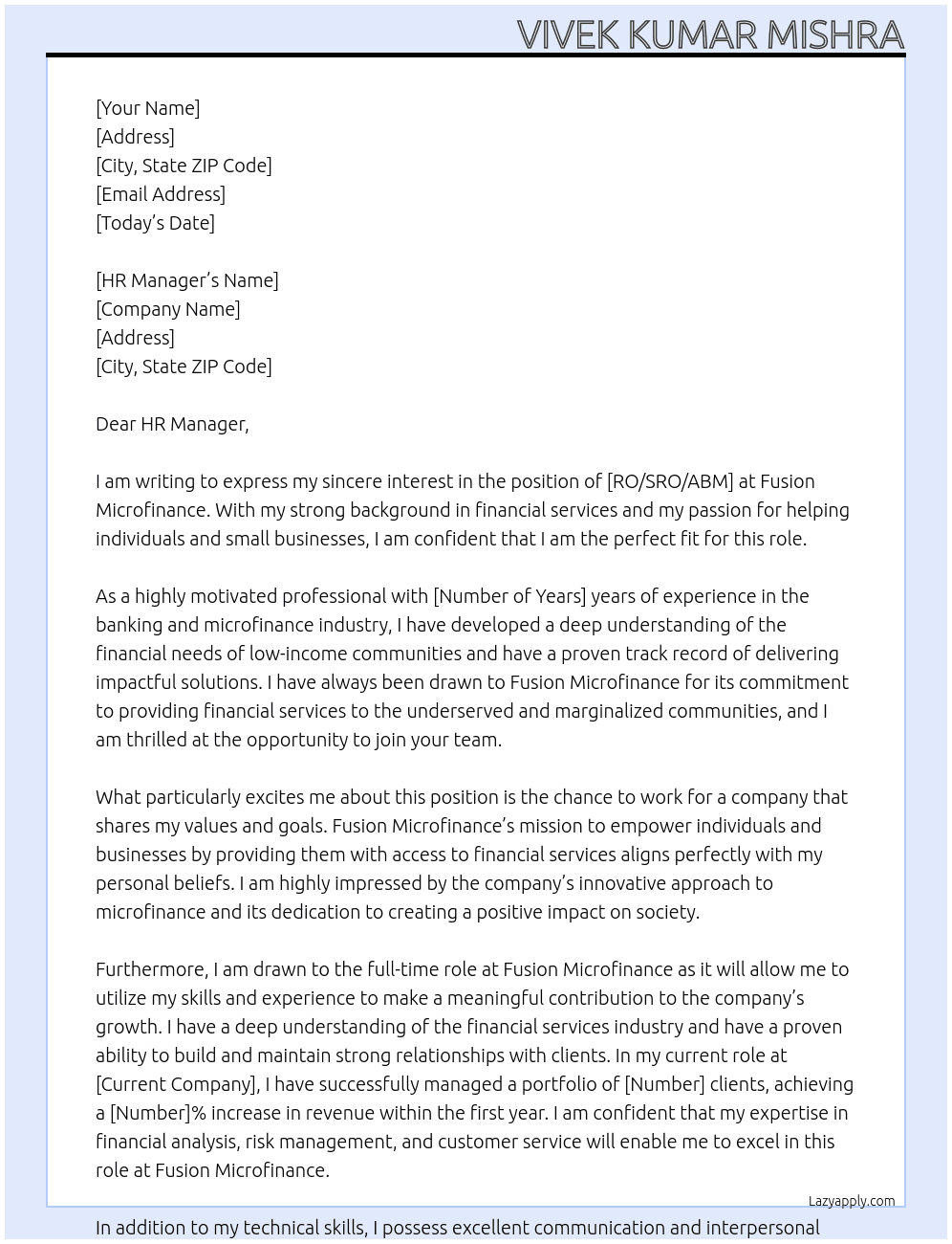 RO/SRO/ABM At Fusion Microfinance Cover Letter