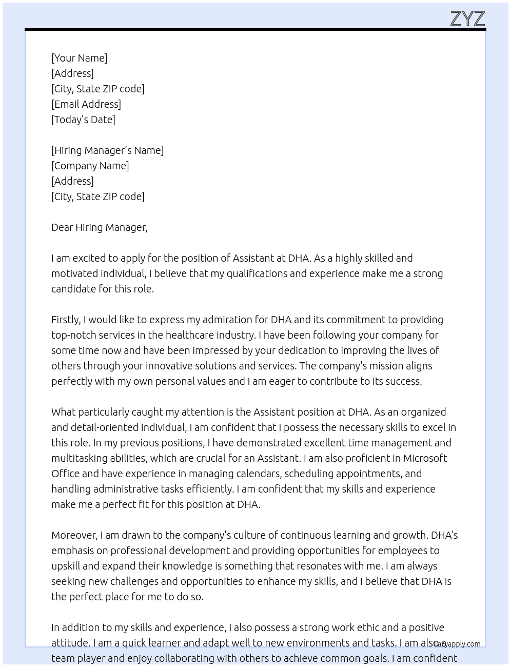 assistant At DHA Cover Letter