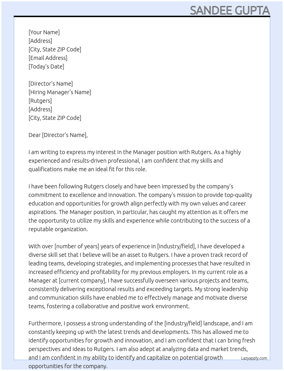 Manager At Rutgers Cover Letter