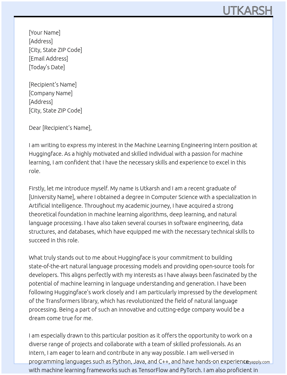 Machine learning engineering interm At huggingface Cover Letter